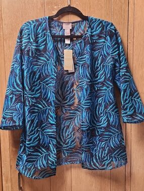Chico's Teal & Navy Leaf Embroidered Jacket